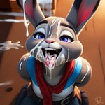 anthro bodily_fluids clothing cum cum_on_face disney female fur genital_fluids grey_body grey_fur judy_hopps lagomorph leporid mammal nameynamename purple_eyes shirt solo solo_focus topwear zootopia