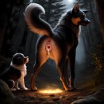 absurd_res all_fours ambiguous_gender animal_genitalia animal_pussy bodily_fluids canid canine canine_genitalia canine_pussy canis cum cum_from_pussy cum_in_pussy cum_inside domestic_dog duo embers female feral fog genital_fluids genitals german_shepherd herding_dog hi_res looking_at_another looking_at_butt looking_at_genitalia looking_at_partner looking_at_pussy looking_at_viewer magic mammal mastiff molosser obsidian pastoral_dog path pussy seductive sitting woods