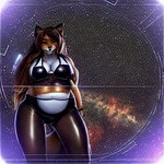 anthro big_breasts black_bottomwear black_bra black_clothing black_pants black_underwear bottomwear bra breasts canid canine clothing female fox hair long_hair mammal pants slightly_chubby solo space tlandurea underwear