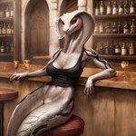 anthro apode breasts chair clothing female furniture leaning leaning_back legless looking_at_viewer medium_breasts neutral_expression on_chair serpentine shirt sitting sitting_on_chair smoking solo tank_top topwear koboldcollector cobra draconcopode naga reptile scalie snake absurd_res hi_res