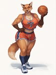 5_fingers anthro athletic ball basketball basketball_uniform bedroom_eyes biceps big_breasts black_nose bottomwear breasts chest_tuft claws cleavage clothed clothing confident dipstick_tail female finger_claws fingers footwear fur gloves_(marking) green_eyes gym_bottomwear gym_clothing gym_shorts hand_on_hip holding_object leg_markings looking_at_viewer markings midriff multicolored_body multicolored_fur muscular muscular_anthro muscular_female narrowed_eyes orange_body orange_fur pose seductive shirt shoes shorts simple_background smile sneakers socks socks_(marking) solo sportswear standing tail_markings tan_body tan_fur tank_top text text_on_clothing text_on_shirt text_on_tank_top text_on_topwear thick_thighs tongue tongue_out topwear tuft uniform white_background wide_hips anonymous_director canid canine fox mammal red_fox english_text hi_res