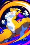 4_fingers anthro arm_warmers armwear black_sclera blue_eyes breasts claws clothing digimon female fingers fur genitals kneeling low-angle_view nipples paws pussy solo solo_focus thick_thighs white_body white_fur yellow_body yellow_fur furry_buns digimon_(species) renamon hi_res