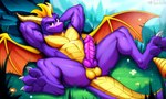 2_horns aged_up anthro anus balls genitals grass hands_behind_head horn knot looking_at_viewer lying male muscular muscular_anthro muscular_male mythology on_back orange_wings pawpads penis plant purple_anus purple_body purple_eyes purple_penis solo spread_legs spread_wings spreading tail text wings sergalbutt spyro_the_dragon spyro dragon mythological_creature mythological_scalie scalie hi_res signature url