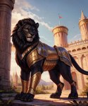 armor black_body black_fur black_mane claws feral fur gold_(metal) gold_armor male mane muscular muscular_male palace scar smile solo yellow_eyes thunderwolf felid feline lion mammal pantherine absurd_res hi_res