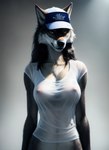 anthro areola bedroom_eyes breasts canid canine clothed clothing female hat headgear headwear looking_at_viewer lurktime_(director) mammal narrowed_eyes navel nipple_outline nipples realistic seductive skimpy solo translucent translucent_clothing wet wet_clothing