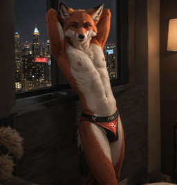 anthro armpit_showing athletic athletic_male city city_background clothing looking_at_viewer male pose slim solo solo_focus speedo swimwear window floofywoofy canid canine fox mammal hi_res