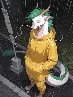3_toes anthro bangs barbel_(anatomy) bottomwear brown_horn bus_stop clothing coat digitigrade dragon_horn eyebrows feet flesh_whiskers green_eyebrows green_eyes green_mane hand_in_pocket high-angle_view horn inner_ear_fluff latex looking_at_viewer male mane mouth_closed mythology pants pink_nose plant pockets raincoat raining road rubber_clothing scales solo standing tail_tuft toes topwear tuft waterdrop wet whiskers white_body yellow_clothing burioth spirited_away haku_(spirited_away) dragon eastern_dragon mythological_creature mythological_scalie scalie absurd_res full-length_portrait hi_res portrait three-quarter_portrait
