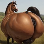 anus balls balls_outline big_anus big_balls big_butt black_anus bottom_heavy brown_body butt cellulite feral genital_outline genitals half-closed_eyes horse_tail huge_butt hyper_realistic_ai legs_together looking_at_viewer looking_back looking_back_at_viewer male meadow narrowed_eyes obese overweight presenting presenting_hindquarters puffy_anus rear_view seductive smile solo tail_aside unknown_director equid equine horse mammal