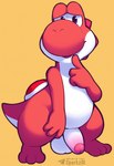 3_toes anthro balls biped blue_eyes feet flaccid foreskin genitals humanoid_genitalia humanoid_penis looking_at_viewer male nude penis red_body simple_background solo standing text toes sergalbutt dinosaur red_yoshi reptile scalie yoshi signature url