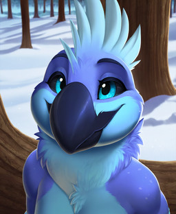 anthro beak blue_body blue_eyes blue_feathers feathers looking_at_viewer male plant smile snow solo tree jasonafex coby_(jasonafex) avian bird cockatiel cockatoo parakeet parrot true_parrot headshot_portrait hi_res portrait