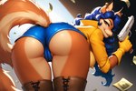 anthro bent_over big_butt blue_hair boots bottomwear breasts butt camel_toe canid canine carmelita_fox clothed clothing coat ear_piercing ear_ring erect_nipples female footwear fox fur gloves gun hair handwear hanging_breasts hi_res hotpants humanoid kingfurryai looking_at_viewer looking_back mammal multicolored_body nipples orange_body orange_fur piercing presenting presenting_hindquarters raised_tail ranged_weapon rear_view ring_piercing shorts smile smiling_at_viewer smug solo topless topless_female topwear tuft two_tone_body weapon wide_hips yellow_clothing