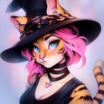 anthro blue_eyes blush breasts choker clothed clothing female fur hair hat headgear headwear jewelry lips looking_at_viewer necklace orange_body orange_fur pink_hair pink_nose selfie simple_background solo stripes topwear witch_hat sappy_(director) felid feline mammal absurd_res hi_res