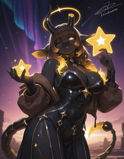 anthro black_body braided_hair breasts cleavage clothed clothing detailed_background dress female fingers fur hair horn looking_at_viewer one_eye_closed smile solo standing star wink kirinokanro arachnid arthropod bovid bovine cattle demon hybrid mammal scorpion hi_res