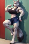 abs agreenfish anthro big_breasts big_muscles bottomwear bra breasts canid canine canis clothing digitigrade female flexing fluffy_fur fur mammal muscular muscular_female shorts smile solo sports_bra tight_clothing underwear white_body white_fur wolf