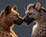 anthro black_nose duo female fur grey_background kissing male multicolored_body multicolored_fur open_mouth orange_eyes pink_tongue saliva_strings simple_background spots tan_body tan_fur tongue cow_of_fire hyaenid mammal spotted_hyena 1:1