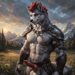 abs animal_genitalia animal_penis anthro armor askiewarg balls big_balls bodily_fluids canid canine canine_penis canis fur genital_fluids genitals grey_body grey_fur hatiwarg_fursona knot leaking_precum male mammal muscular muscular_male pecs penis precum red_eyes red_mohawk solo vein veiny_knot veiny_muscles wolf