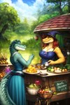 anthro blue_clothing brown_hair clothing day duo female green_body green_eyes green_scales hair male male/female scales store swamp water loganth terra dragon hi_res