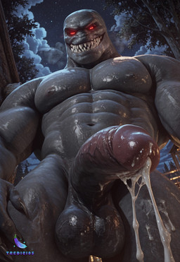 balls bodily_fluids cum cum_drip dripping forest genital_fluids genitals grey_body looking_at_viewer male muscular night penis plant red_eyes regenerator sharp_teeth solo teeth thick_thighs tree tredici05 wrox_(tredici05) humanoid hi_res