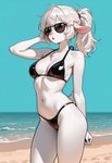 anthro beach_background bikini black_bikini black_clothing black_swimwear clothing eyewear female fur hair hand_in_hair open_mouth ponytail solo solo_focus sunglasses swimwear touching_hair white_body white_fur white_hair y3rg bovid caprine mammal sheep 2025 hi_res portrait