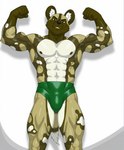 anthro brown_eyes clothing flexing male muscular muscular_male smirking_at_viewer solo speedo swimming_trunks swimwear gusc3 african_wild_dog canid canine mammal hi_res