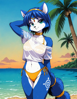 accessory arm_markings arm_tuft beach bikini bikini_bottom black_nose blue_body blue_eyes blue_fur blue_hair breasts cheek_tuft choker circlet clothed clothing cloud collar collarbone countershade_face countershade_torso countershading day detailed_background eyebrow_through_hair eyebrows eyelashes facial_tuft female food fruit fur furgonomic glistening gold_(metal) gold_jewelry green_eyes hair hair_accessory hairband hand_behind_back hand_behind_head hand_on_head hands_behind_back hands_behind_head headband inner_ear_fluff jewelry kemono leg_markings looking_at_viewer markings medium_breasts midriff multicolored_body multicolored_fur navel necklace off_shoulder outside palm_tree plant ring sand sea seaside shirt short_hair side-tie_bikini side-tie_clothing side-tie_swimwear sky smile solo standing string_bikini sunset swimwear t-shirt tail tail_accessory tail_jewelry tail_ring tailband tattoo thigh_markings topwear translucent translucent_clothing translucent_hair translucent_topwear tree tribal tribal_markings tribal_tattoo tuft two_tone_body water wet wet_body wet_clothing wet_shirt wet_topwear white_body white_clothing white_fur white_shirt white_topwear yellow_bikini yellow_clothing yellow_swimwear hank94_(director) nintendo star_fox krystal_(star_fox) canid canine fox mammal hi_res portrait three-quarter_portrait