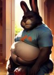 absurd_res anthro attempted_signature belly bottomwear brown_body brown_fur clothing digital_media_(artwork) fur gem_(director) genitals hi_res inner_ear_fluff lagomorph leporid male mammal navel overweight penis rabbit shirt shorts solo topwear tuft yiffye18