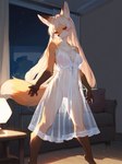 anthro blonde_hair breasts clothing dress female furniture genitals hair lamp long_hair night orange_body orange_eyes pussy sofa solo table translucent translucent_clothing tarklanse canid canine fox mammal