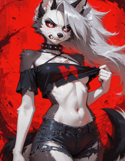 5_fingers angry anthro biped black_body black_bottomwear black_clothing black_nose black_shirt black_shorts black_topwear bottomwear breasts canine_demon cheek_tuft chest_tuft claws clenched_teeth clothed clothed_female clothing clothing_pull collar countershading crop_top cutoffs denim denim_bottomwear denim_clothing ear_piercing ear_ring eyebrows eyelashes facial_tuft fangs female female_anthro fingers fluffy fluffy_tail front_view fur grey_body grey_fur grey_hair hair humanoid_pointy_ears inner_ear_fluff jewelry long_hair looking_at_viewer midriff multicolored_body multicolored_fur mythology navel notched_ear pants piercing prick_ears red_background red_eyes red_sclera ring ring_(jewelry) ring_piercing shirt shorts simple_background small_breasts small_waist solo spiked_collar spikes standing tail teeth topwear torn_bottomwear torn_clothing tuft two_tone_body two_tone_fur white_body white_countershading white_eyes white_fur hellaverse helluva_boss loona_(helluva_boss) canid canid_demon canine canis demon hellhound mammal mythological_canine mythological_creature wolf invalid_tag absurd_res digital_media_(artwork) hi_res portrait signature