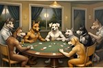 anthro canid canine canis card_game collar domestic_dog gaming group male male/male mammal party poker poker_table twinklespark