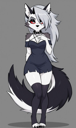 anthro breasts clothed clothing dress female fur grey_body grey_fur long_tail paws red_eyes small_breasts solo thick_thighs white_body white_fur unknown_director helluva_boss loona_(helluva_boss) canid canid_demon canine demon hellhound mammal hi_res