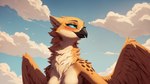 anthro beak blue_sclera breasts cloud feathered_wings feathers featureless_breasts female fluffy fur happy long_neck looking_away neck_tuft sky smile solo spots spotted_body spotted_fur tuft wings yellow_body yellow_fur oldhroft avian hi_res wallpaper