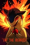 2024_pokemon_gigaleak ambiguous_gender berry crazy_eyes creepy feral fire flaming_hair flaming_mane food fruit generation_2_pokemon hi_res plant pokemon_(species) pseudo_hair pseudo_mane red_eyes simple_background smile solo text typhlosion unknown_director