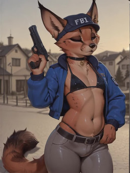 ambiguous_gender annoyed belt bikini bikini_bottom bikini_top black_pupils blue_eyes bottomwear choker clothing fbi femboy gesture grey_sclera gun handgun jewelry navel necklace neutral outside pants pointing pointing_at_viewer pupils ranged_weapon skindentation swimwear tail teasing thick_thighs thong thong_straps tight_clothing tuft underwear undone_jacket weapon wide_hips markrhey floppa caracal caracal_(genus) domestic_cat felid feline felis mammal animated hi_res short_playtime webm