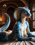 anthro bed blue_body blue_scales clothing countershading fingerless_gloves forked_tongue furniture gloves handwear long_tongue lying lying_on_bed on_bed purple_eyes scales snake_hood tongue niru humanoid reptile scalie snake hi_res