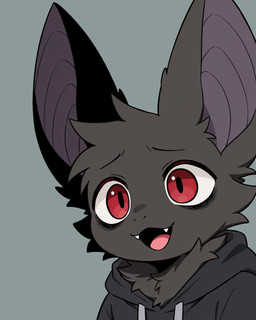 anthro bags_under_eyes bat_ears bat_wings chibi clothing facial_tuft fluffy fluffy_fur grey_background hoodie male membrane_(anatomy) membranous_wings neck_tuft red_eyes simple_background solo solo_focus topwear tuft tusks wings alastorgj pip_(alastorgj) bat mammal hi_res