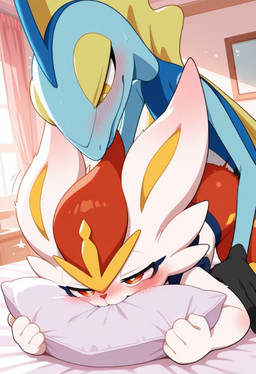 ambiguous_gender ambiguous_penetrated ambiguous_penetration anthro ass_up bite blush duo from_behind_position interspecies male male/ambiguous male_penetrating male_penetrating_ambiguous penetration pillow pillow_bite sex speed_bump_position anguirus12345 nintendo pokemon cinderace generation_8_pokemon inteleon pokemon_(species) hi_res