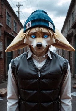 alley anthro beanie blue_eyes clothed clothing cloud cloudy fennec_ears fully_clothed glistening glistening_eyes glowing glowing_eyes hat headgear headwear looking_at_viewer looking_down male outside sad shirt solo topwear vest nnam_si3 canid canine fennec fox mammal animated short_playtime webm