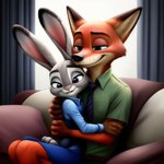 anthro canid canine cuddling duo female fox judy_hopps lagomorph leporid love male male/female mammal nick_wilde rabbit smile smiling_at_partner smiling_at_viewer twinklespark warm_colors zootopia