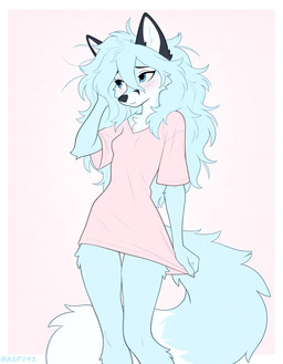 anthro black_nose blue_body blue_eyes blue_fur blush breasts claws clothed clothing clothing_pull countershade_face countershade_fur countershade_torso countershading female fur hair hand_in_hair long_hair looking_away messy_hair shirt simple_background slim small_breasts solo t-shirt t-shirt_only topwear touching_hair tuft asp791_(director) canid canine canis fox mammal absurd_res hi_res signature watermark