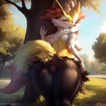 anthro anus blush bodily_fluids braixen breasts breath canid canine exposed_breasts female fox generation_6_pokemon genital_fluids genitals hand_on_tree in_heat mammal narrowed_eyes nipples panting park plant pokemon_(species) presenting presenting_pussy pussy pussy_juice solo stufferman tail_aside tongue tongue_out tree