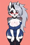 anthro blush breasts cleavage clothed clothing collar dress erect_nipples female footwear frosting.ai helluva_boss legwear nipples socks spiked_collar spikes thigh_highs thigh_socks renz loona_(helluva_boss) canid canid_demon demon hellhound mammal absurd_res hi_res