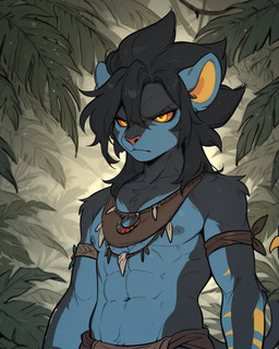 abs animal_nose annoyed anthro black_body black_fur blue_body blue_fur fur hair jungle looking_at_viewer male markings muscular muscular_male nipples red_sclera serious solo tribal_clothing yellow_eyes yellow_markings alastorgj nintendo pokemon animal_humanoid felid felid_humanoid feline feline_humanoid generation_4_pokemon humanoid luxray mammal mammal_humanoid pokemon_(species) hi_res