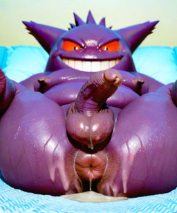 anus balls belly big_nipples bodily_fluids butt cum cum_on_butt erect_nipples genital_fluids genitals half-erect inviting lying male nipples on_back penis puffy_anus red_eyes slightly_chubby smile smiling_at_viewer solo solo_focus spread_legs spreading sweat sdah nintendo pokemon generation_1_pokemon gengar pokemon_(species) hi_res