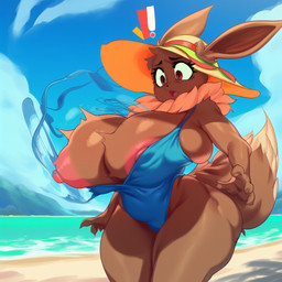 anthro areola beach big_breasts breasts brown_body brown_fur clothed clothing exclamation_point female fur hat headgear headwear huge_breasts nipples one-piece_swimsuit open_mouth outside sea seaside solo sun_hat surprise swimwear thick_thighs torn_clothing wardrobe_malfunction water wide_hips hellsonger nintendo pokemon eevee generation_1_pokemon mammal pokemon_(species)