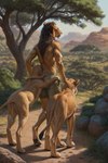 anthro breasts brown_nipples brown_pawpads clothed clothing detailed_background detailed_fur digitigrade female female/female feral group hand_on_neck landscape mane nipples path pawpads petting plant rear_view rock side_boob side_hug topless tree trio walking degenstoic felid lion mammal pantherine absurd_res detailed hi_res