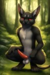 anthro balls big_ears black_body black_fur chest_tuft claws crouching erection forest fur genitals male mammal multicolored_body mustelid nude ottsel penis plant red_eyes solo tapering_penis tree tuft two_tone_body valthebold