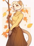 anthro autumn bottomwear breasts clothing female fur hair jewelry leaf necklace orange_eyes pink_nose simple_background skirt smile solo sweater topwear white_body white_hair sappy_(director) mammal marsupial phalangeriform hi_res