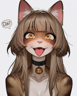 anthro bell bell_collar brown_hair collar cute_fangs female hair long_hair looking_at_viewer open_mouth simple_background solo tongue tongue_out whiskers white_background yellow_eyes cartuniverse domestic_cat felid feline felis mammal hi_res