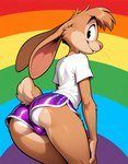 anthro ass_up black_eyes bottomwear buckteeth butt clothing dolphin_shorts femboy flirting fur glistening glistening_clothing hotpants lgbt_pride male panties presenting presenting_hindquarters pride_colors purple_bottomwear purple_clothing purple_shorts rabbit_ears scut_tail shirt short_tail shorts side_view solo t-shirt tan_body tan_fur teeth toony topwear underwear white_clothing white_panties white_shirt white_t-shirt white_topwear white_underwear otterball lagomorph leporid mammal rabbit hi_res