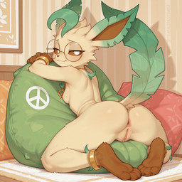 anklet anthro anus bedroom_eyes bracelet breasts brown_body brown_eyes brown_fur claws eyewear female fur genitals glasses gold_(metal) gold_jewelry green_hair hair jewelry looking_at_viewer looking_back looking_back_at_viewer narrowed_eyes necklace nude nude_female paws presenting presenting_pussy pussy raised_tail round_glasses seductive small_breasts solo tail tan_body tan_fur rizzenwolf_(director) nintendo pokemon eeveelution generation_4_pokemon leafeon mammal pokemon_(species) hi_res